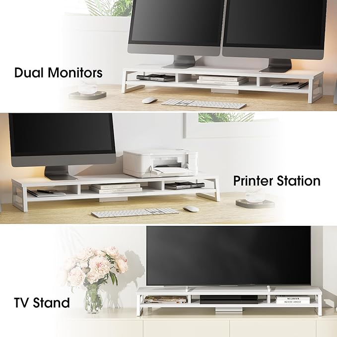 Fenge Dual Monitor Stand for Desk, 42.5in Large Monitor Riser for 2 Monitors, 2 Tier Computer Office Desk Top Shelf, Desktop Storage Stand for Laptop, PC, Computer, Printer-DeskLoop Office