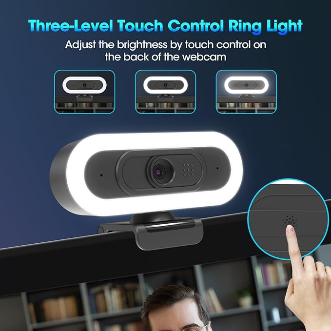 ToLuLu Streaming Webcam 2K 50FPS Web Cam, LED RGB Webcam with Microphone and Light, Autofocus Computer Camera with Cover and Tripod, Plug-Play USB Web cam for PC Desktop/MacBook Gaming Video Calling-DeskLoop Office