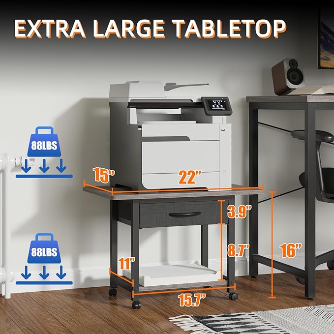 22"x15" Large Printer Stand with Storage Drawer, 2-Tier Under Desk Printer Table for Home Office, Printer Cart fit Fax Machine/3D Printer/Scanner(Gray)-DeskLoop Office
