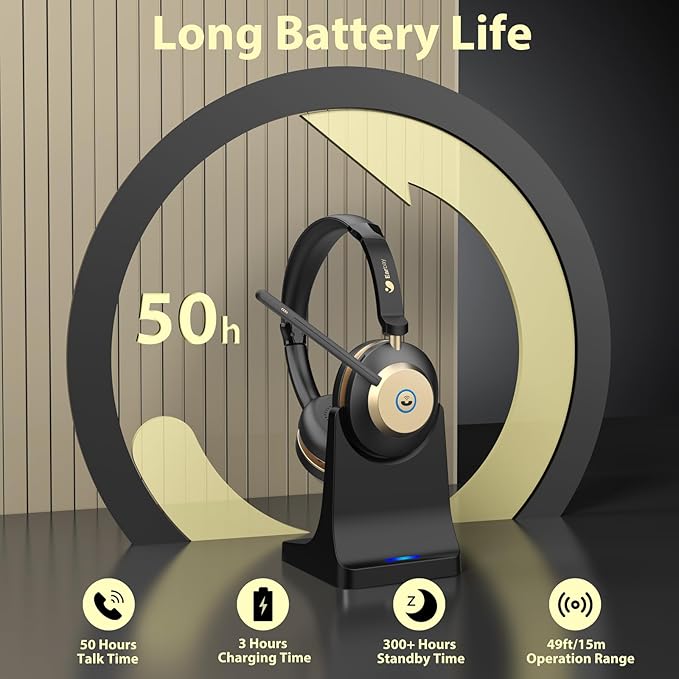 Earbay Wireless Headset with Mic for Work, Bluetooth Headset V5.3, AI Noise Cancelling Mic & 2.4G USB Dongle, 50 Hrs Work Time Wireless Headphones with Mic Mute for Work from Home/Call Center/Teams-DeskLoop Office