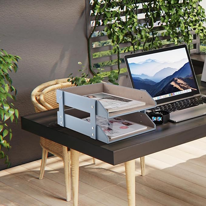 Leather Desk Letter Tray,Office Supplies Paper Organizer for Mail Paper Files Magazines Jewelry Cosmetics,Fashion Letter Holder& 2-Tier Multipurpos Stackable Office Desktop Storage Box,Grey-DeskLoop Office