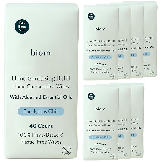 Biom Biodegradable Hand Sanitizing Mini Wipes 8-Pack Refill Kit - Kid-Safe | Plant-Based Hand Wipes for Home & Travel | Natural, Non-Toxic Wet Wipe with Aloe for Soft Skin | Eucalyptus Chill-DeskLoop Office