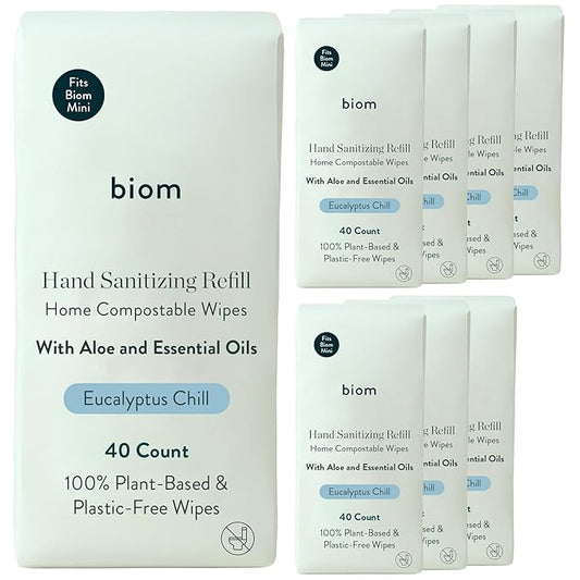 Biom Biodegradable Hand Sanitizing Mini Wipes 8-Pack Refill Kit - Kid-Safe | Plant-Based Hand Wipes for Home & Travel | Natural, Non-Toxic Wet Wipe with Aloe for Soft Skin | Eucalyptus Chill-DeskLoop Office
