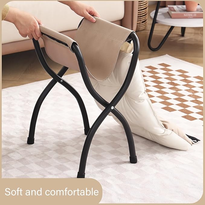 LITA Folding Upholstered Footrest Stool, Modern Small Portable Accent Ottoman with Detachable Thick Cotton Cushion Padded Sofa Stool with Metal Frame for Lazy Chair, Living Room & Bedroom, Beige-DeskLoop Office