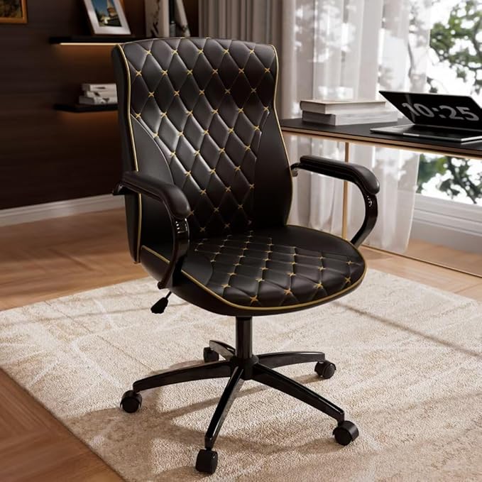Black Office Chair with Soft Leather Embroidery, Mid Back Vintage Swivel Executive Desk Chair with Wheels and Padded Arms, Adjustable Height-DeskLoop Office