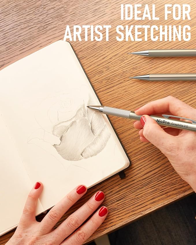 Nicpro 5 PCS Art Mechanical Pencils Set, Metal Drafting Pencil 0.3 & 0.5 & 0.7 & 0.9 & 2mm Graphite Lead Holder(4B 2B HB 2H Colored) for Sketching Drawing With Lead Refills Eraser Case-DeskLoop Office