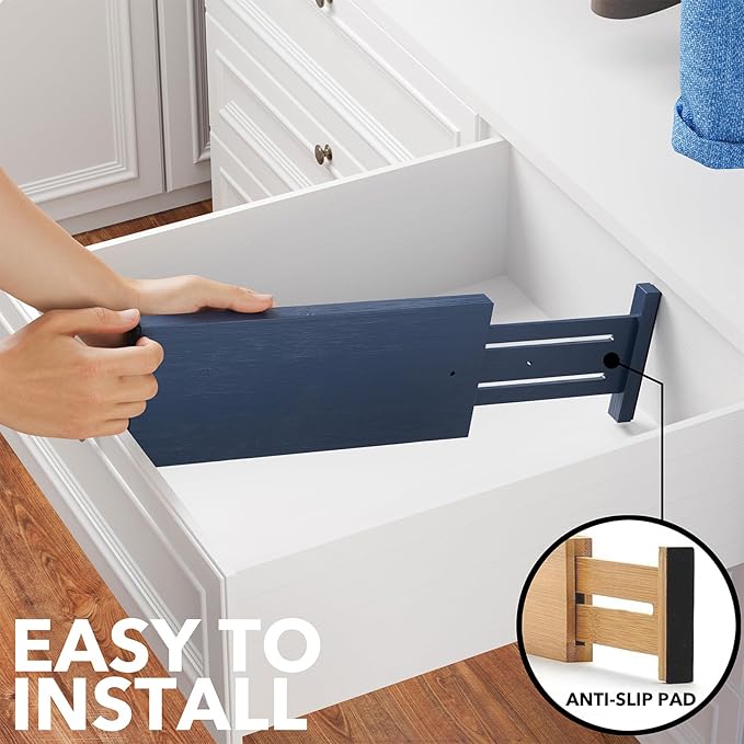 SpaceAid Bamboo Dresser Drawer Dividers 6 Pack, 4.65“ High Adjustable 12.5“-17” Drawer Organizers, Expandable Organization for Clothing, Clothes, Dressers, Navy Blue-DeskLoop Office