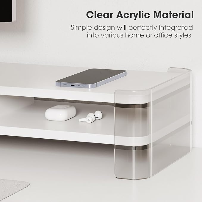 Fenge Acrylic Monitor Stand Riser, Clear Dual Acrylic Computer Monitor Stand for 2 Monitors, 2 Tier Wood Office Desk Storage Organizer for Laptop, Computer, TV Stand-DeskLoop Office