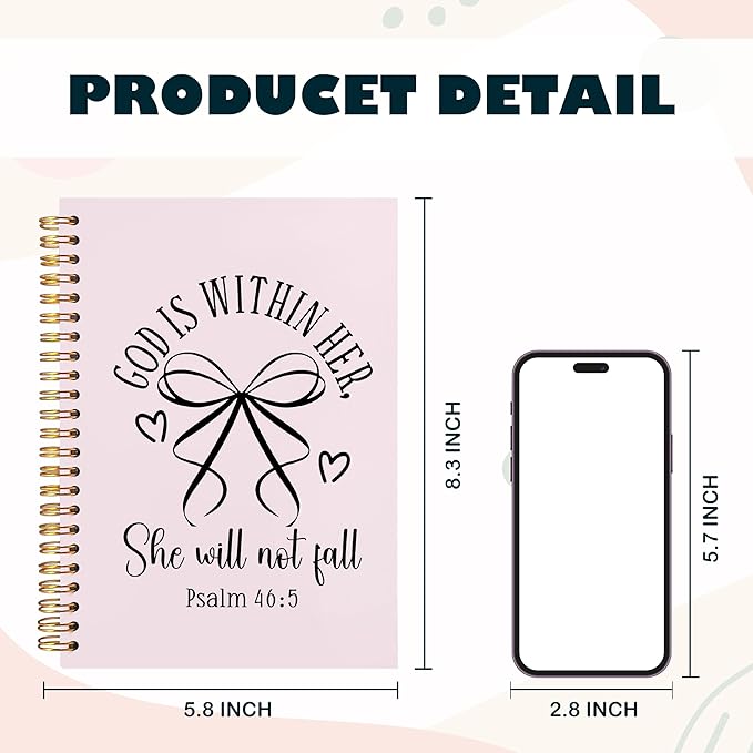 BearCake Pink Coquette Bow Christian Notebook Journal, God is Within Her She Will Not Fall Bible Journal for Women, Christian Religious Gifts for Woman, Hardcover Spiral Notebook 5.5x8.3-DeskLoop Office