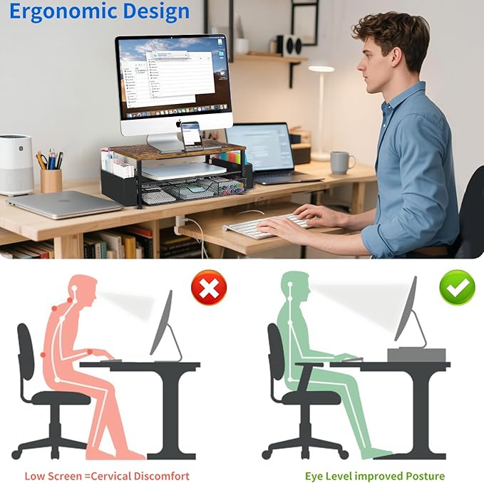 Wood Desk Organizers and Accessories, 2-Tier Computer Monitor Stand Riser with Drawer, Pen Storage & Phone Holder, Office Desk Accessories, Workspace Desktop Organization for Office Supplies(Brown)