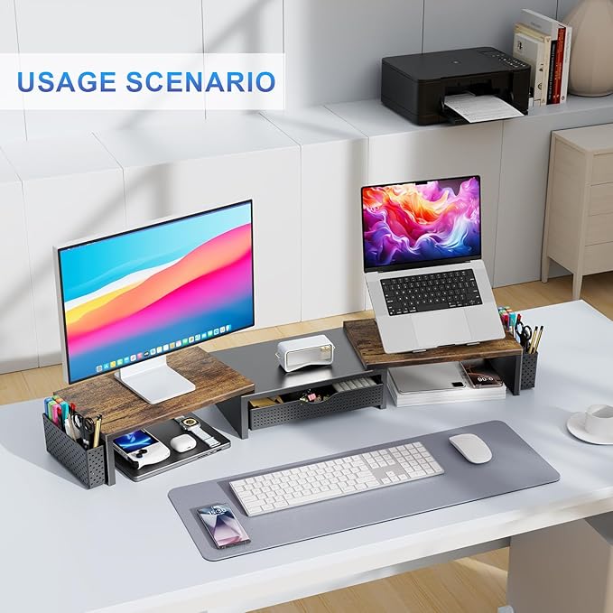 gianotter Dual Monitor Stand Riser, Desk Organizer With Drawer and 2 Pen Holders,Computer Monitor Stand, Desk Shelf for Top of Desk, Wood-DeskLoop Office