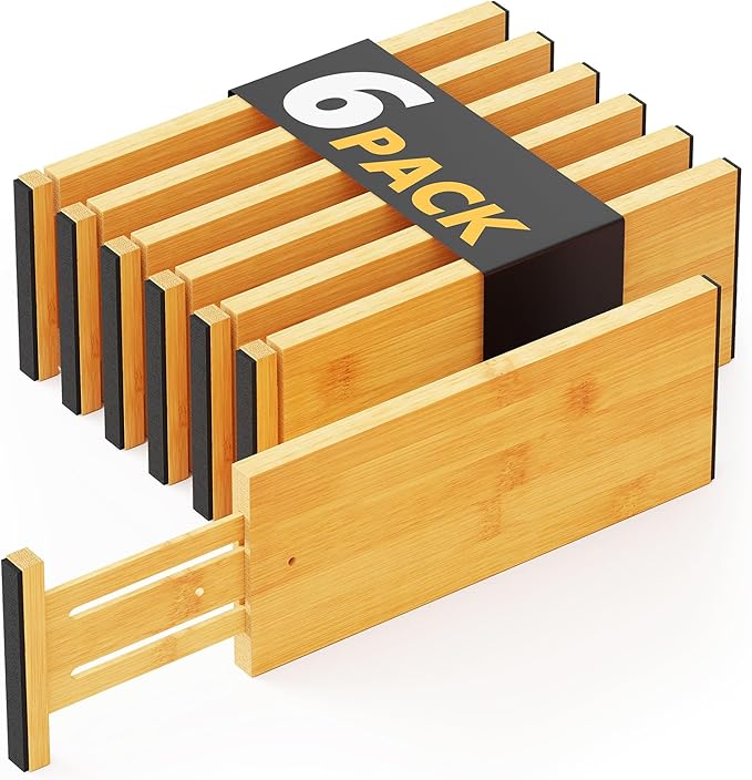 SpaceAid Bamboo Dresser Drawer Dividers 6 Pack, 4.65“ High Adjustable 12.5“-17” Drawer Organizers, Expandable Organization for Clothing, Clothes, Dressers, Natural-DeskLoop Office