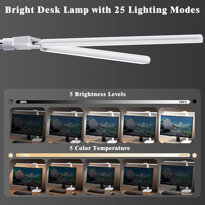 LED Desk Lamp for Home Office, 24W Bright Desk Lamp with Phone Holder Base - 25 Lighting Modes Eye-Caring Desk Light Adjustable Gooseneck Lamp for Workbench Drafting Reading Study-White-DeskLoop Office