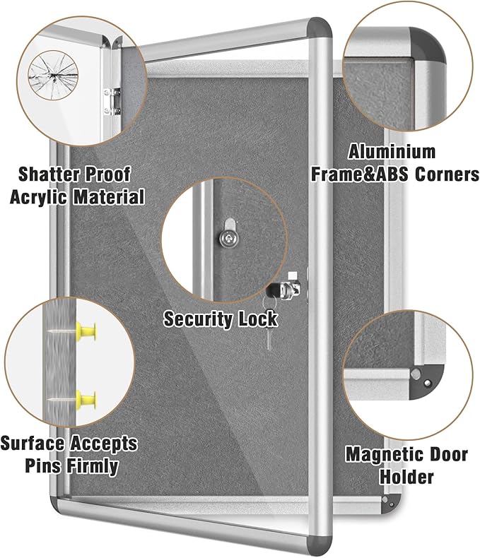 26"x20" Enclosed Bulletin Board, Lockable Weather-Resistant Aluminum Cork Noticeboard for School & Office, Silver Frame w/Grey Flet-DeskLoop Office