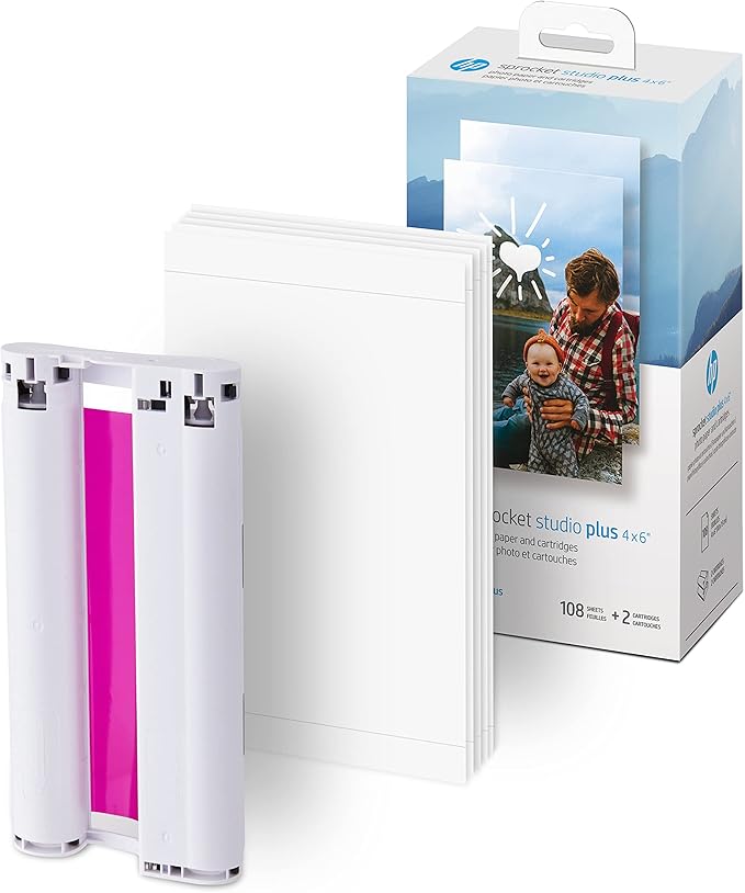 HP Sprocket Studio Plus 4 x 6” Photo Paper and Cartridges Starter Bundle: Includes 108 Sheets and 2 Cartridges, Sticker Frames, Photo Album-DeskLoop Office