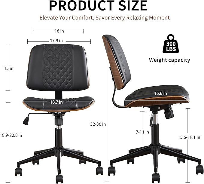 Small Home Office Chair - Armless Mid Back Desk Chair with 360° Swivel and Wheels, PU Upholstered Height Adjustable Modern Walnut Computer Chair for Home, Office Meeting Room - Black-DeskLoop Office