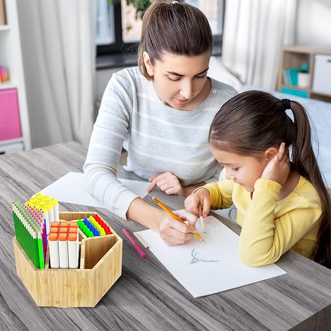 Bamboo Art Supply Organizer, Back to School Supplies, Hold 350+ Pencils, Rotating School Supplies Holder for Pen, Colored Pencil, Art Brushes, Desktop Storage Caddy for Classroom & Art Studio-DeskLoop Office