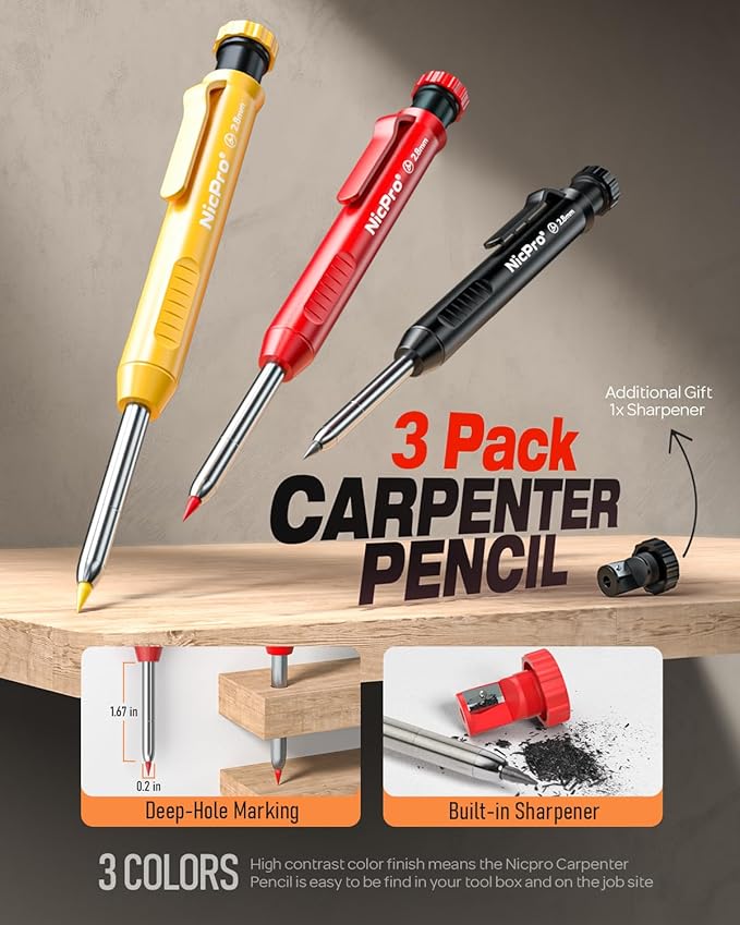 Nicpro 18 Pack Carpenter Pencils Mechanical, Construction Pencils with 60 Refill, Automatic Center Punch and Carbide Scribe Tool, 2.0mm Mechanical Pencil for Woodworking, Best Carpenters Marking Tool-DeskLoop Office