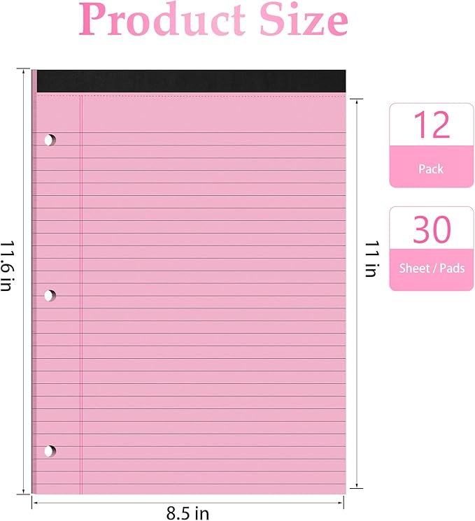 HAUTOCO 12 Pack 8.5 x 11 Legal Pads Pink Wide Ruled Notepads Perforated Writing Pads, 30 Sheets Per Notepad, 3-Hole Punched Paper, Writing Note Pads for School, Home, Office, Business-DeskLoop Office