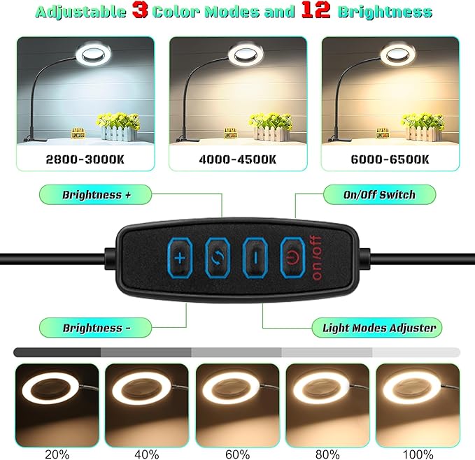 10X Magnifying Glass with Light, Clip on Mganifier with Light, 48 LED Desk Magnifying Glass wtih Clamp,3 Modes Dimmable Magnifying Lamps for Bed Work Crafts DIY Repair Jewellery