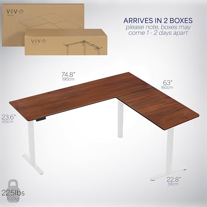 VIVO Electric Corner L-Shaped 75 x 63 in Standing Desk, Memory Height Adjustment, Dark Walnut Top White Frame, DESK-E3CTWD-75-DeskLoop Office