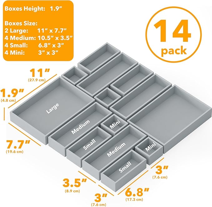 SpaceAid 14-Piece Bamboo Drawer Organizer Storage Boxes Set, Wood Tray Junk Drawer Organizers Multi-Use Divider Bins for Kitchen, Bathroom, Office Desk and Makeup Organization (14 Pack, Gray)-DeskLoop Office