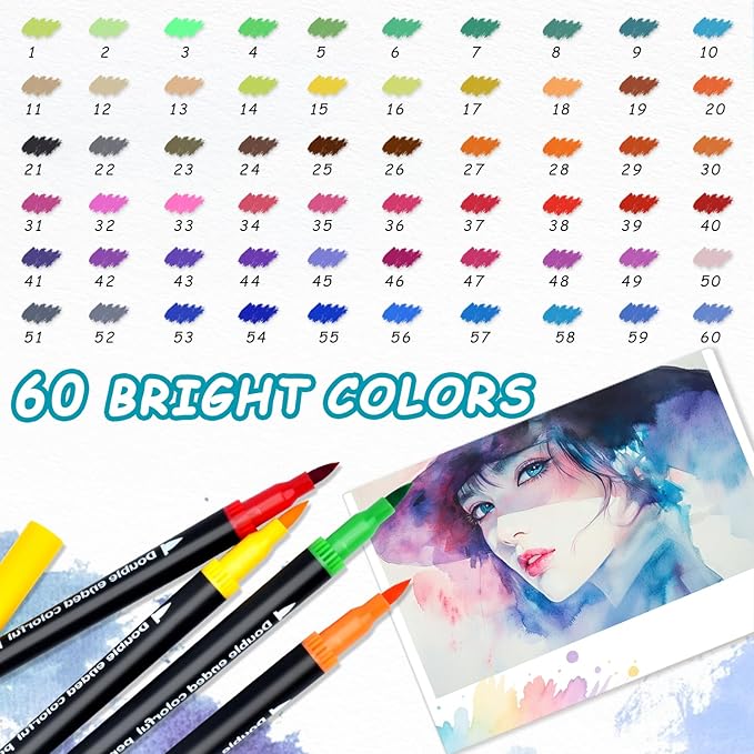 60 Colors Dual Markers Brush Pens, Art Markers Colored Pens for Adult Coloring Books, Brush and Fine Point Dual Tip Artist Colored Marker Set for Drawing Adult Coloring Hand Lettering-DeskLoop Office