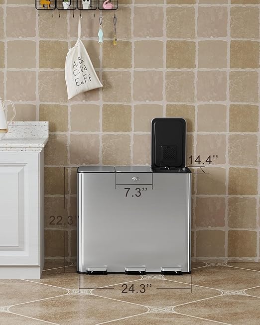 60L/15.9 Gal Gallon Three-Compartment Pedal Stainless Steel Kitchen Recycling Trash Can with Odor Seal, Hands-Free Foot Operated Waste Bin for Home, Office, Restaurant, School, Hospital-DeskLoop Office