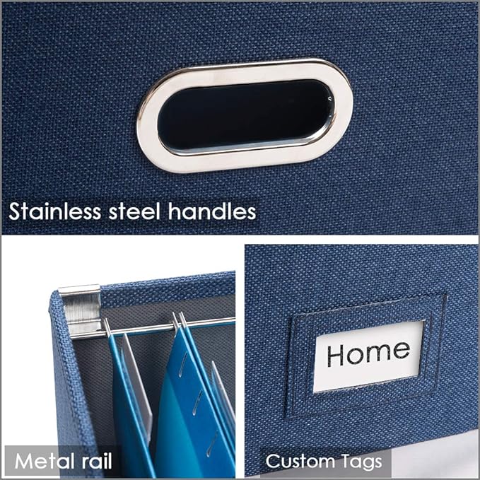 PRANDOM File Organizer Box - Set of 1 Collapsible Decorative Linen Filing Storage Hanging File Folders with Lids Office Cabinet Letter/Legal Size Navy Blue (17x14x11.2 inch)-DeskLoop Office