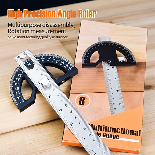 Protractor Angle Finder Stainless Steel Angle Ruler with 0-180 Degrees Adjustable Angle Square 8-Inch Woodworking Ruler for Woodworking/Carpenter/Construction/Measurement/Hobbyists-DeskLoop Office