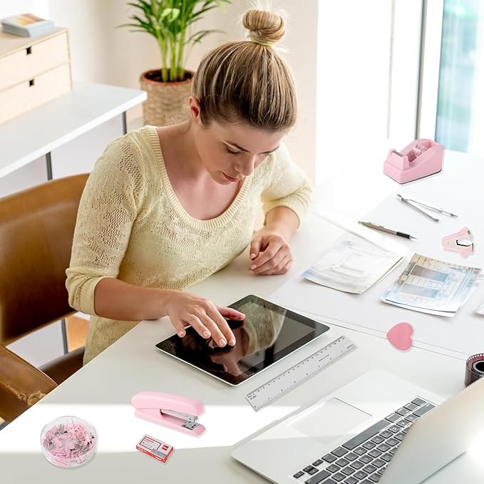 Office Desk Accessories, Pink Office Supplies Set Desk Accessories for Women, Cute Office Supplies with Stapler, Mini Stapler, Staple Remover, Tape, Clips, Scissor and Tabs, Stationary Set for Student-DeskLoop Office