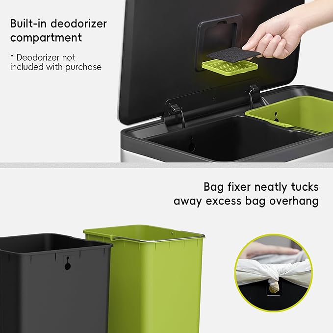 EKO EcoCasa II 36L+24L Dual Trash Can with Recycle Bin, Stainless Steel Garbage Can with Lid, Deodorizer Compartment, Odor-Proof and Fingerprint Resistant-DeskLoop Office