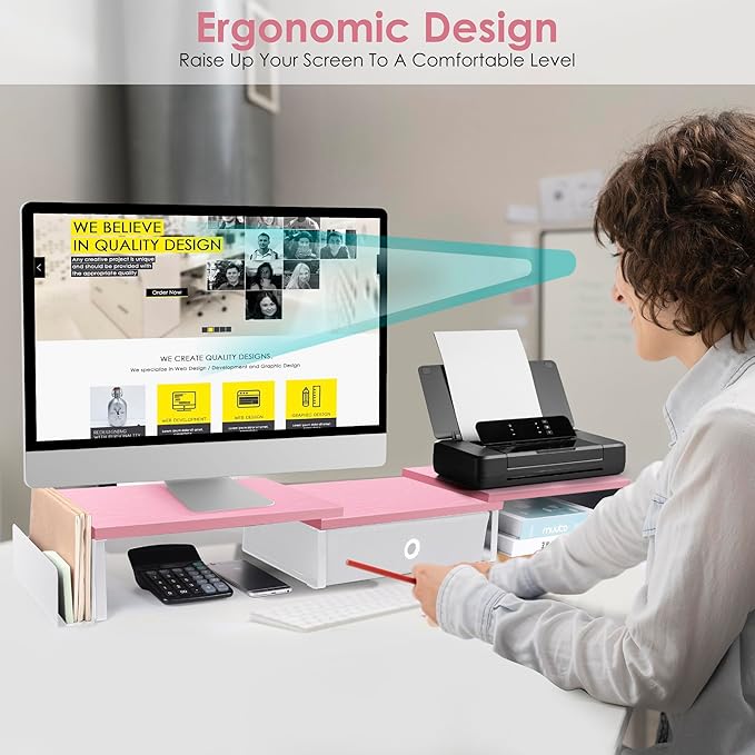 Dual Monitor Stand Riser With Drawer & Metal Leg, Large Desk Shelf For 2 Monitors w/ Adjustable Length & Angle, Desktop Organizer For Laptop/TV/Printer-DeskLoop Office