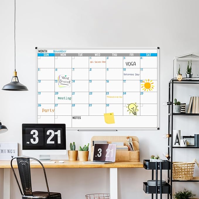 XBoard Magnetic Calendar Whiteboard 60" x 40" - Monthly Calendar Dry Erase Board, White Board + Colorful Calendar Board, Silver Aluminium Framed Monthly Planning Board-DeskLoop Office