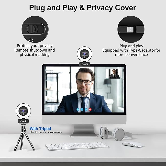 4K Webcam with Light, HD Webcam for PC with Remote Control, Built-in Privacy Cover, Adjustable Brightness, Noise Reduction Mics, for Zoom Skype Teams Laptop and Google Meet-DeskLoop Office
