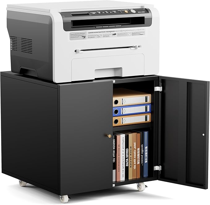 Warmiehomy Metal Printer Stand with Storage Mobile Printer Tables for Small Spaces with Door Adjustable Shelf File Cabinet on Wheels for Home Office (Black)-DeskLoop Office