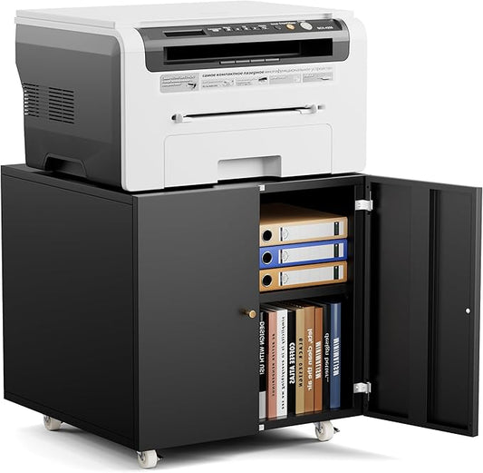 Warmiehomy Metal Printer Stand with Storage Mobile Printer Tables for Small Spaces with Door Adjustable Shelf File Cabinet on Wheels for Home Office (Black)-DeskLoop Office