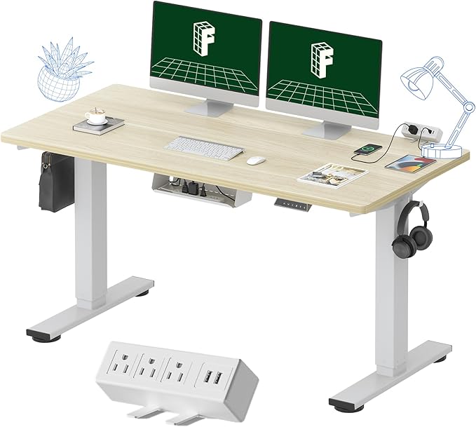 FLEXISPOT EN2 Whole-Piece Standing Desk with Clamp Power Strip, 55 x 28 Electric Stand Up Height Adjustable Desk with Cable Management (White Frame + 55" White Wood Grain Desktop, 2 Packages)-DeskLoop Office