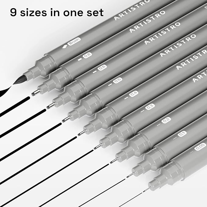 ARTISTRO Set of 9 Fineliner Pens - Black Micro Pens with Ultra Fine Tips for Drawing, Sketching, Writing, Journaling and Technical Illustration - Waterproof Archival Ink-DeskLoop Office