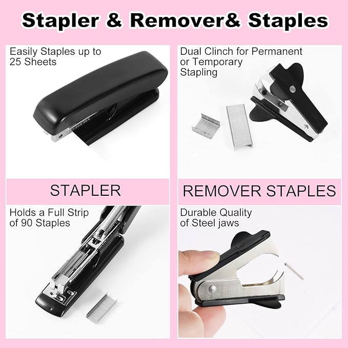 Black Desk Organizers and Accessories 10Pcs Set with 360-Degree Rotating Pen Holder, Tape Dispenser, Stapler, Staple Remover, 1000 Staples, Tape, Clips Set, Ruler, Scissor, Pen (Black)-DeskLoop Office