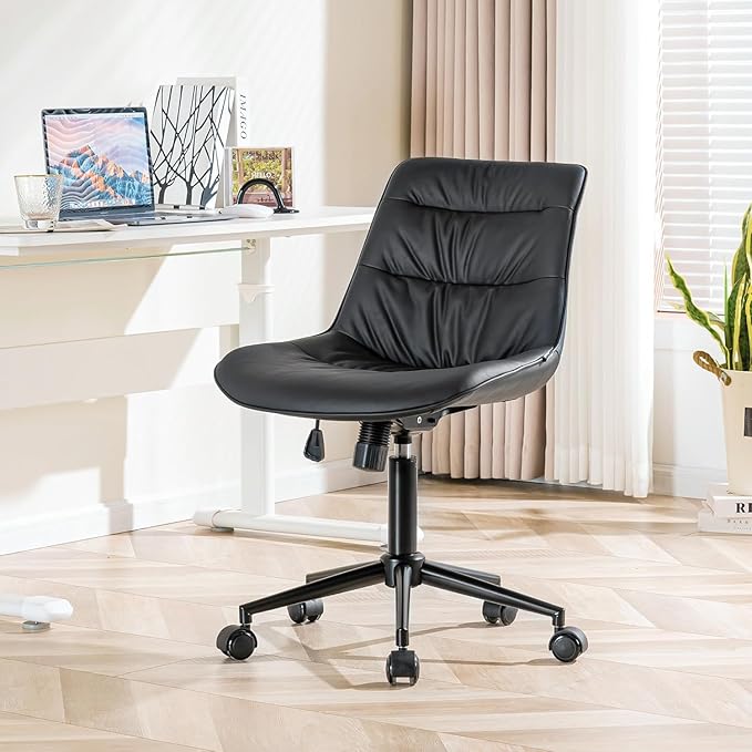 Kidol & Shellder Faux Leather Office Chair, Adjustable Swivel Height Task Chair, Rolling Wheels & Soft Backrest - Armless Ergonomic Desk Chair for Home, Office,Vanity,Gaming(Black)-DeskLoop Office