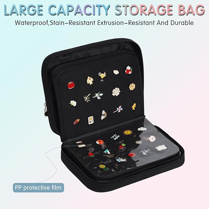 Enamel pin display bag, 8-page pin trading book, collectible pin board, suitable for storing pins, brooches, patches (black)-DeskLoop Office