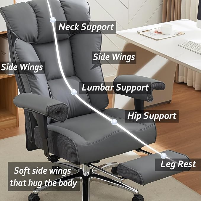 Efomao Big and Tall Office Chair 450LBS with Foot Rest, High Back PU Leather Executive Chair with Adjustable Padded Armrests, Lumbar Support for Home or Work, Heavy Duty Computer Chair, Grey-DeskLoop Office