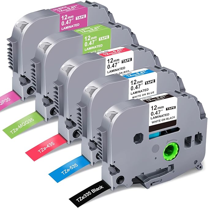 RAEMALL Compatible with Brother Label Tape TZe335 TZe435 TZe535 TZeMQG35 TZeMQP35 TZe TZ Tape, 12mm 0.47 Inch Laminated White on Color Compatible with Brother P Touch Label Maker PT-D210 H110-DeskLoop Office