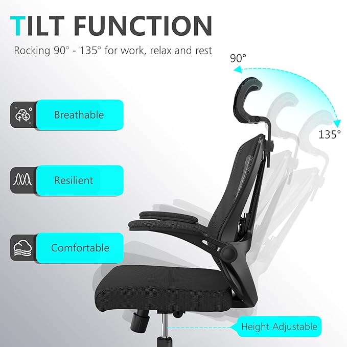 Comfy Office Chair, Home Ergonomic Desk Chairs, High Back Gaming Mesh Computer Chair with Wheels, Lumbar Support, Adjustable Headrest, Flip-up Armrest 350LBS Capacity-DeskLoop Office