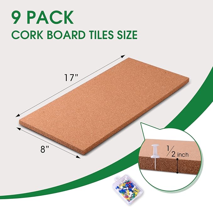 9 Pack Cork Bulletin Board 17"x8" - 1/2" Thick Cork Board Tiles,Self-Adhesive Frameless Cork Tiles Wall Decor with 50 PCS Pushpins for DIY, Office, School and Home Decor-DeskLoop Office