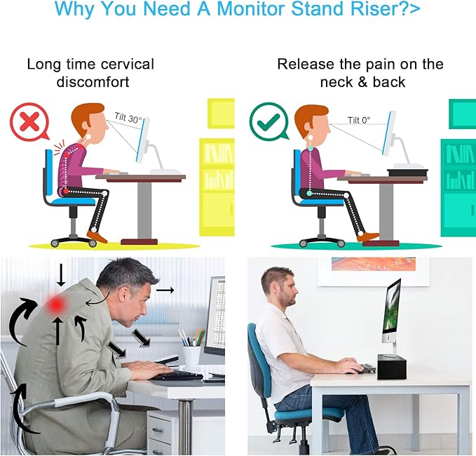 Marbrasse Monitor Stand Riser, 16.5 Inch 2 Tier Computer Printer Shelf Stand for Laptop Computer Screen Storage, Desktop Stand with Phone Holder and Cable Management Black-DeskLoop Office