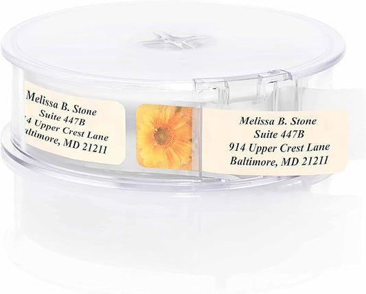Golden Sunflower Designer Rolled Address Labels with Elegant Plastic Dispenser-DeskLoop Office