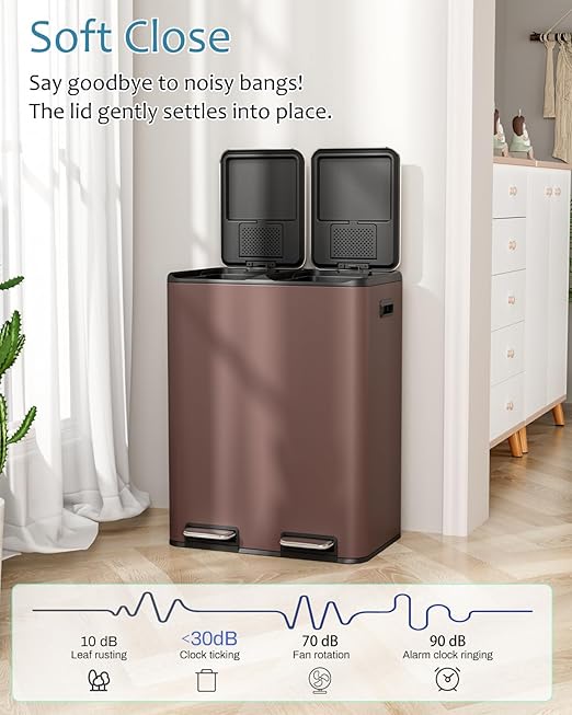 16 Gal (2 x 30 L) Dual Trash Can, Stainless Steel Kitchen Garbage Bin, Recycle Dustbin with Odor Control Box, Soft-Close Lid, Inner Buckets, Side Handle, Step Pedal, for Home Office-DeskLoop Office