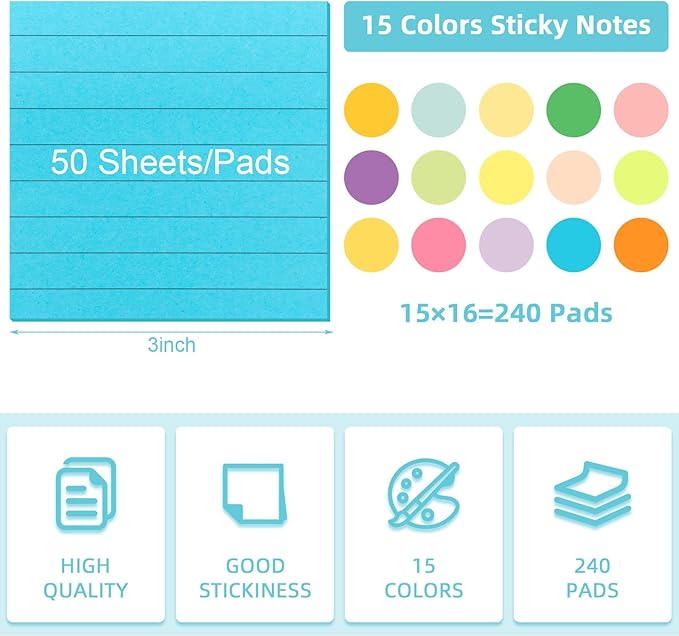 Seajan 240 Pads 3 x 3 Inch Sticky Notes Notepads Multi Bright Colors Self Sticky Pads for Students Teachers School Office Supply Desk Accessory 15 Colors, 50 Sheets Each(Neon,Line)-DeskLoop Office